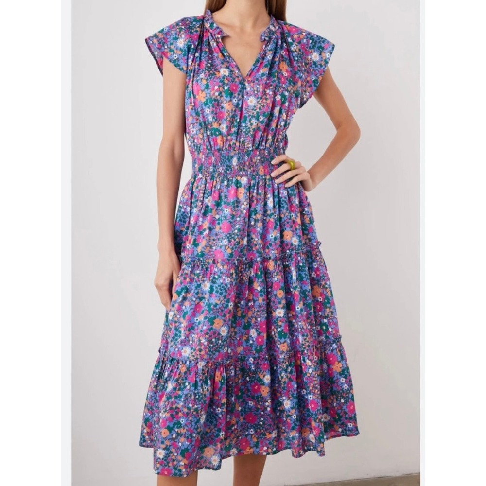 Rails Amelia Floral Smocked Waist Tiered Midi Dress Purple Blue Small